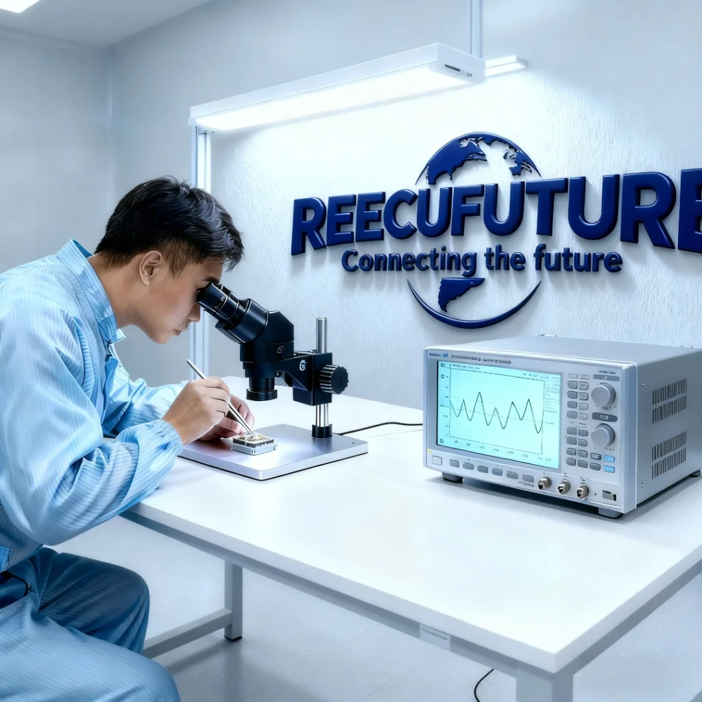 Quality assurance technician conducting signal integrity tests on RF test probes using calibrated measurement instruments in REECUFUTURE's manufacturing facility.